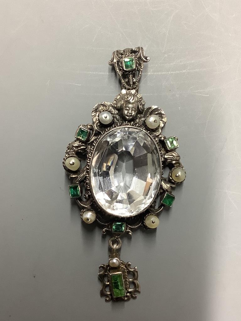 A 19th century Austro-Hungarian white metal, rock crystal, emerald and seed pearl set drop pendant